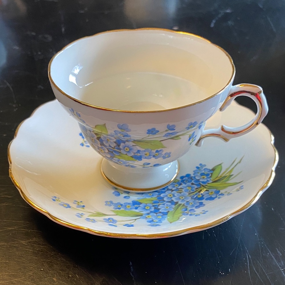 Royal Albert Blue Floral Teacup and Saucer with Gold Accents